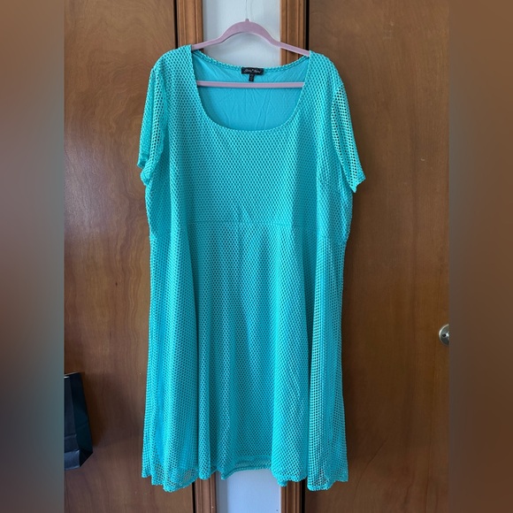 Slinky Brand Tops - Slinky Brand Turquoise Mesh Short Sleeve Tunic Dress